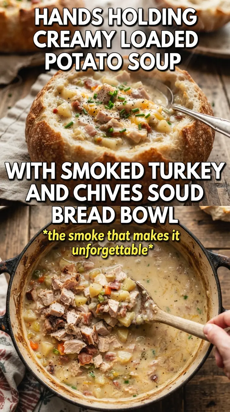 Creamy loaded potato soup with smoked turkey and chives, rich and hearty