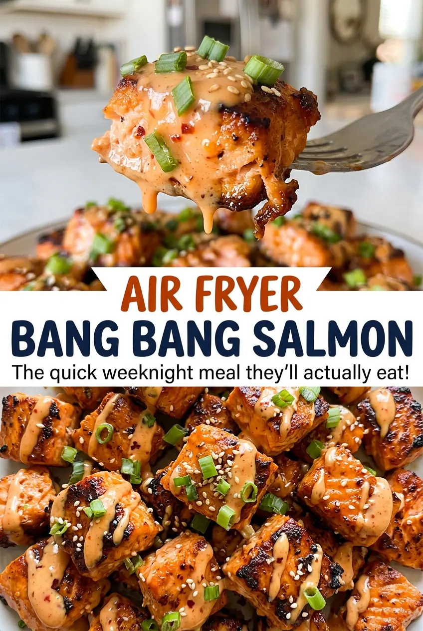 Air Fryer Bang Bang Salmon flaky sauced fillets