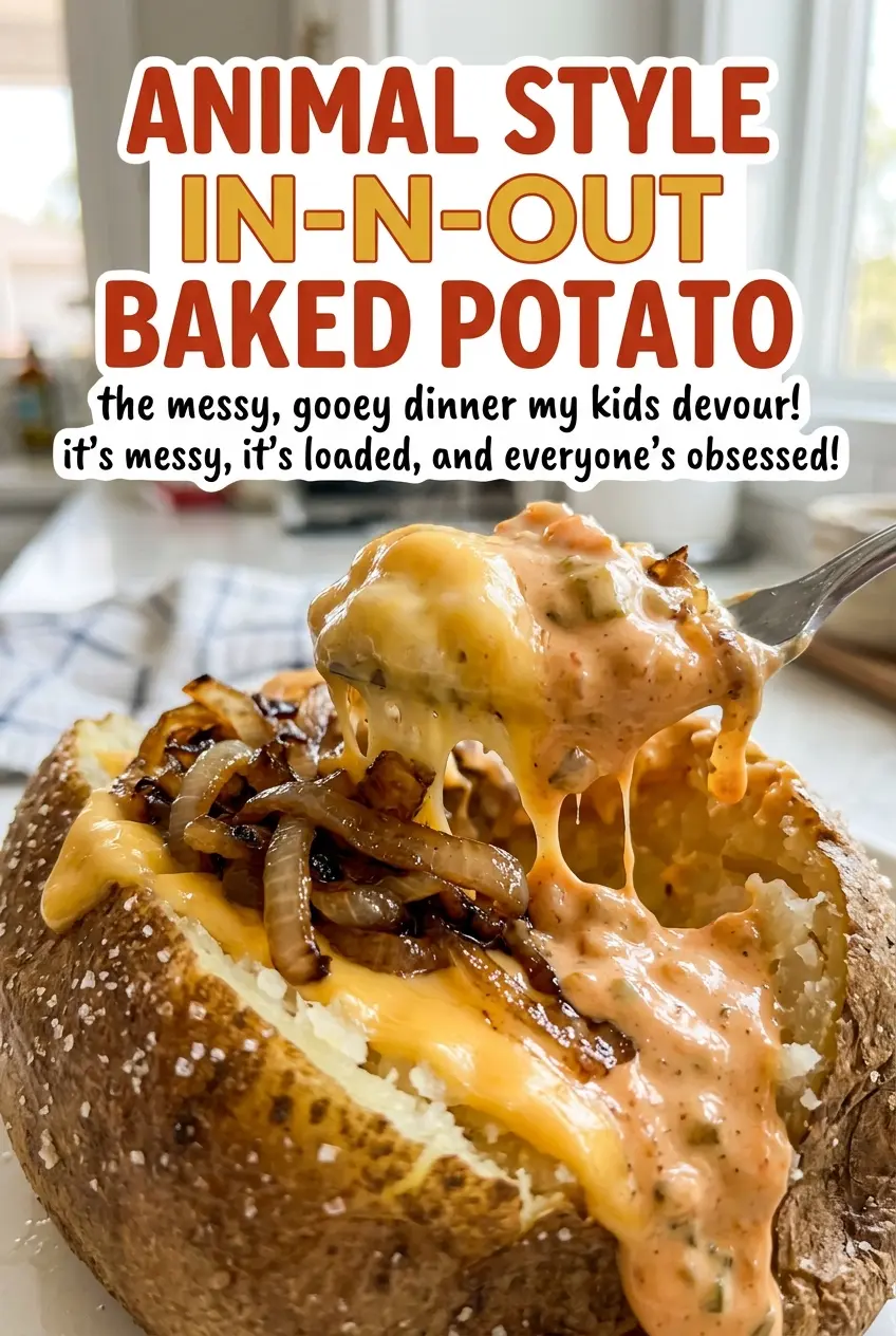 Animal Style In-N-Out Baked Potato with golden onions and melted cheese