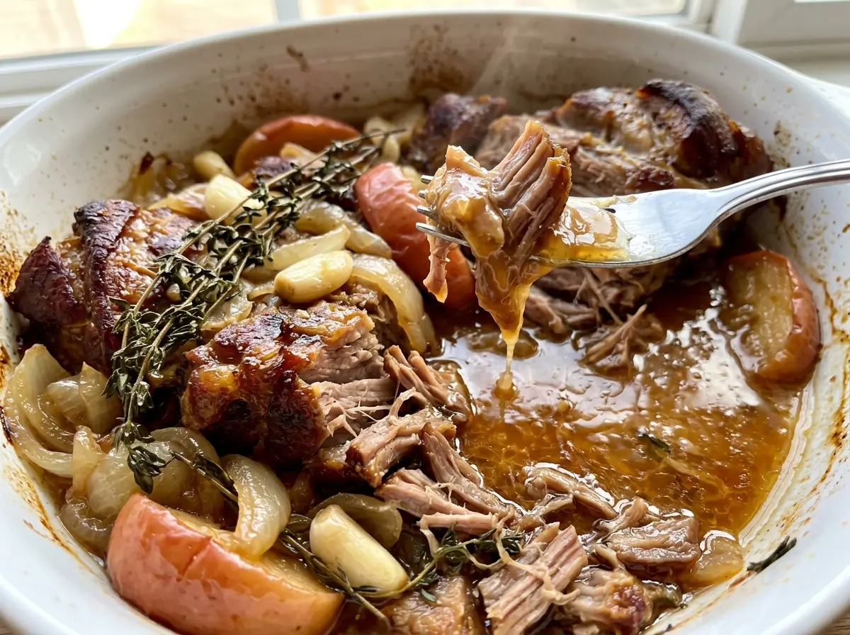 Apple Cider Braised Pork Shoulder, browned and tender