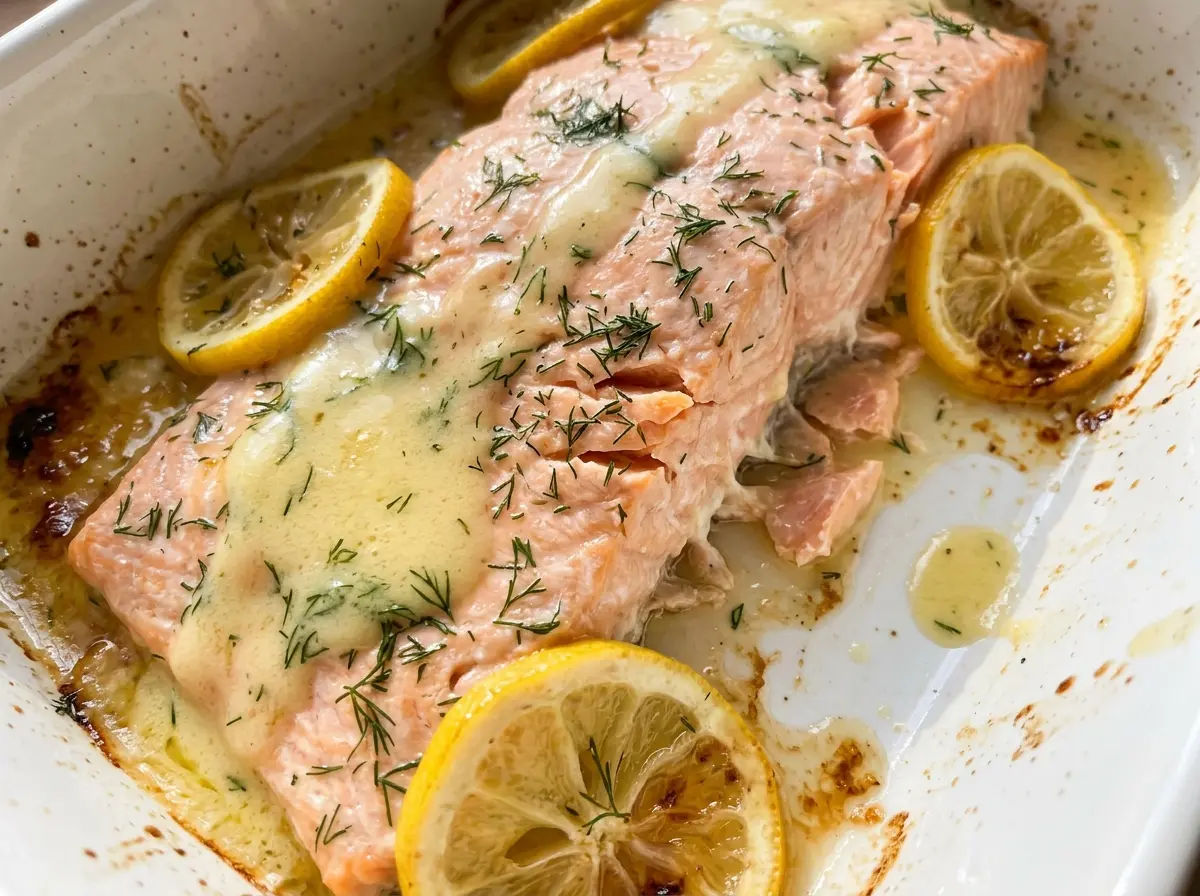 Baked Salmon with Lemon Butter Cream Sauce, flaky buttery tender fillets