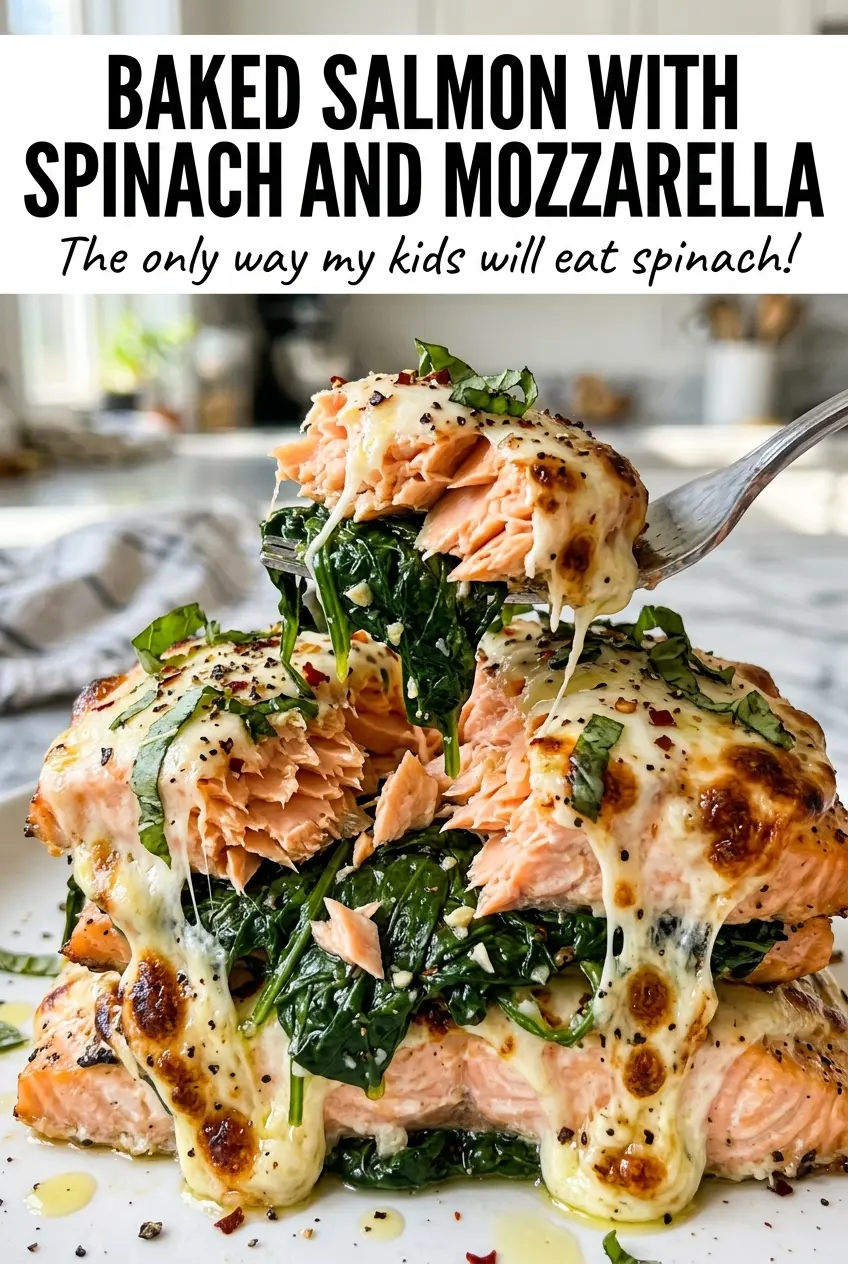 Baked salmon with spinach and mozzarella, cheesy golden topping