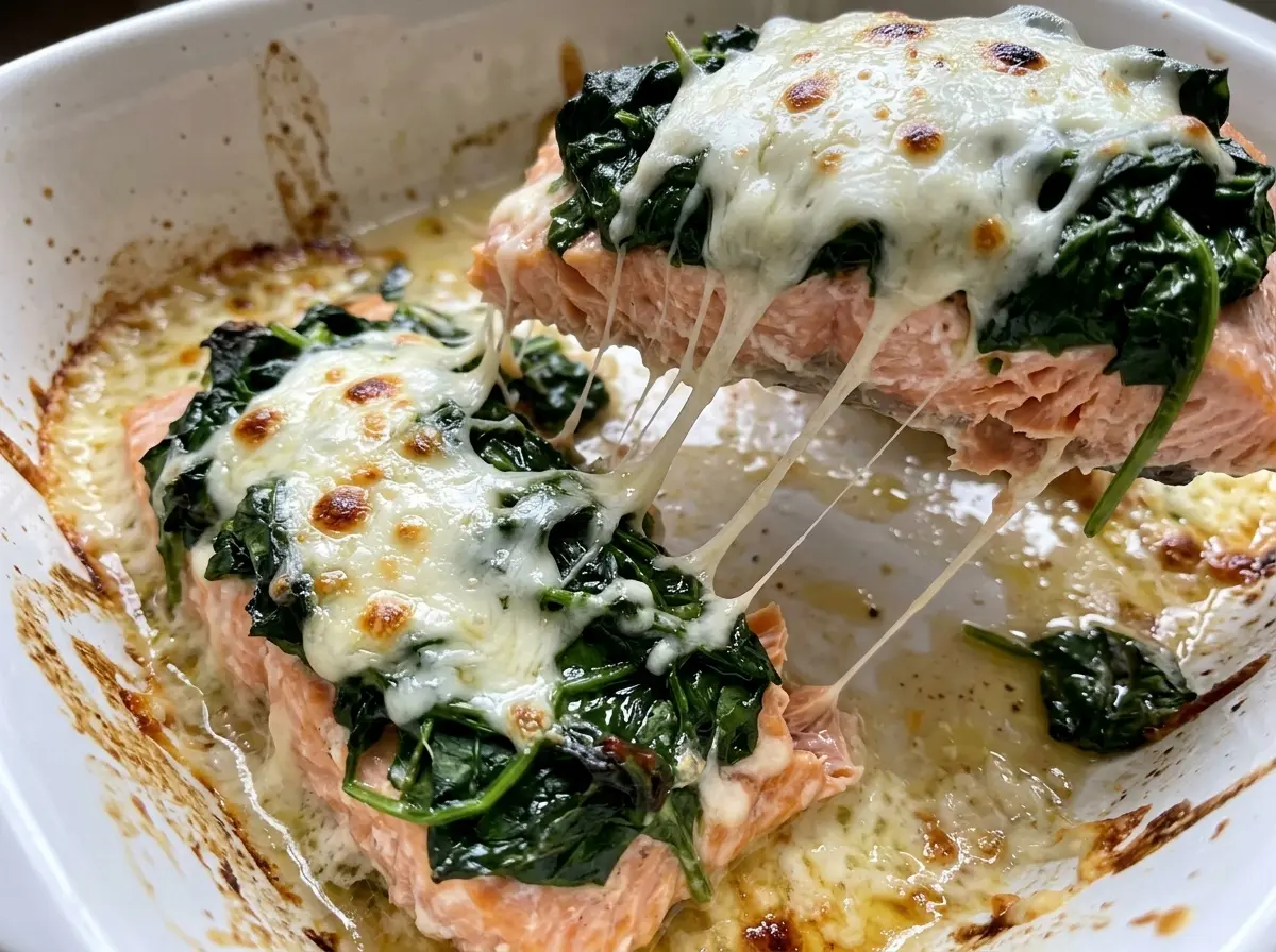 Baked salmon with spinach and mozzarella, cheesy golden topping