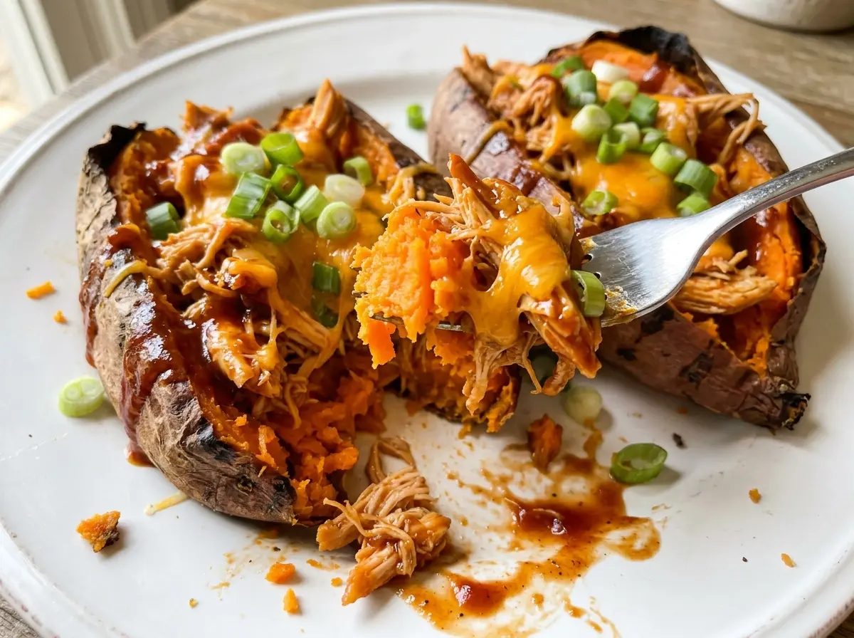 BBQ Chicken Stuffed Sweet Potatoes with cheesy golden tops