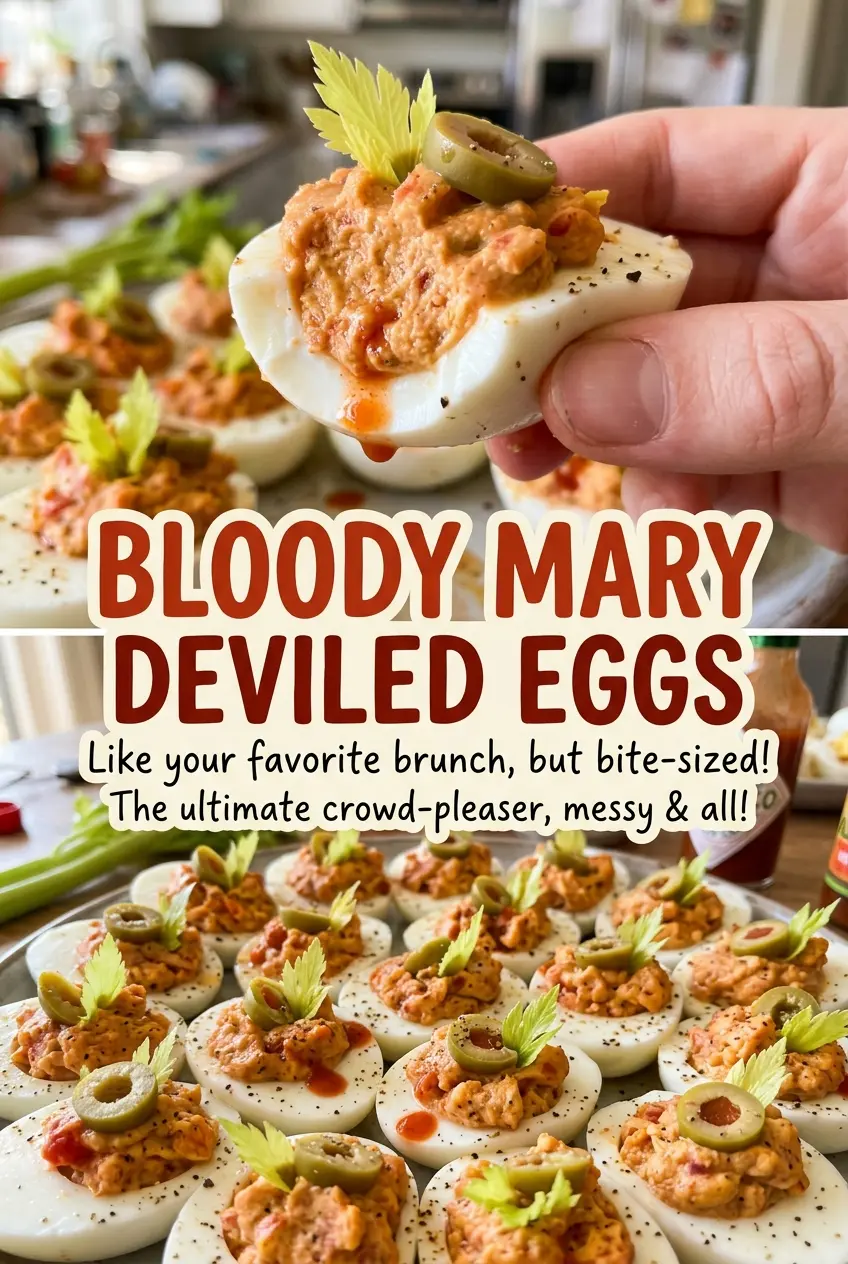 Bloody Mary Deviled Eggs with celery, olives