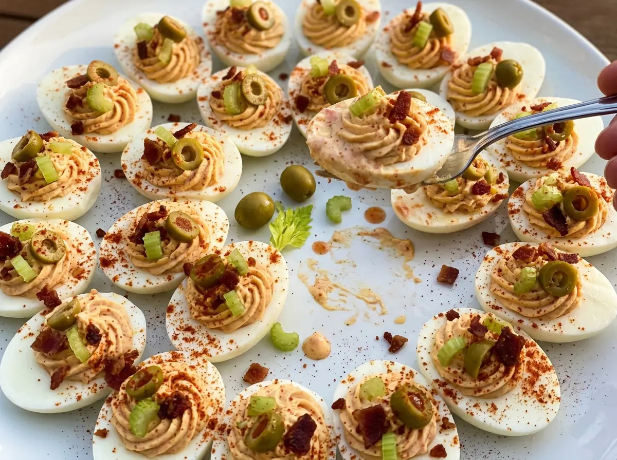 Bloody Mary Deviled Eggs with tomato filling