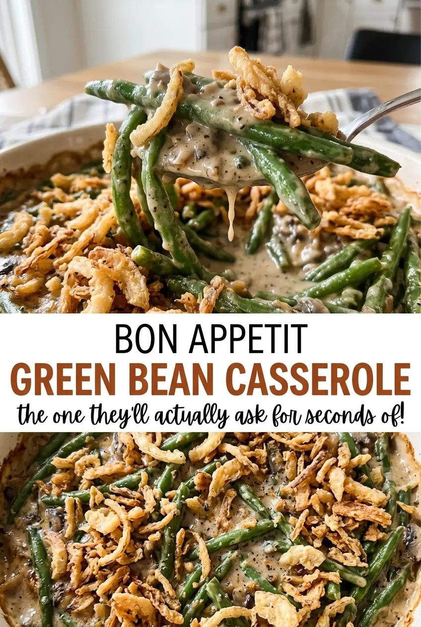 Bon Appetit Green Bean Casserole, golden shallots and tender beans