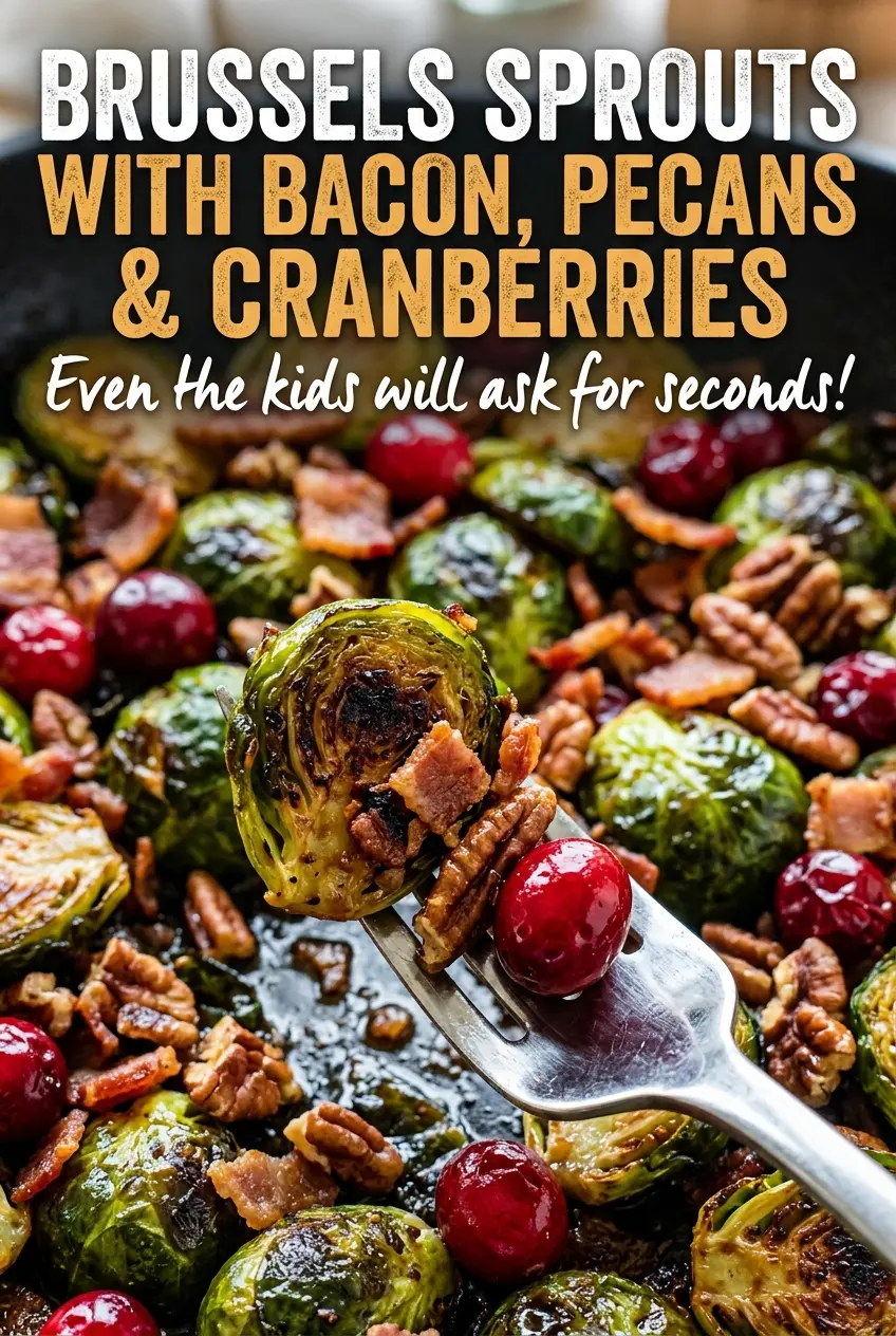 Brussels Sprouts with Bacon Pecans and Cranberries, golden and festive