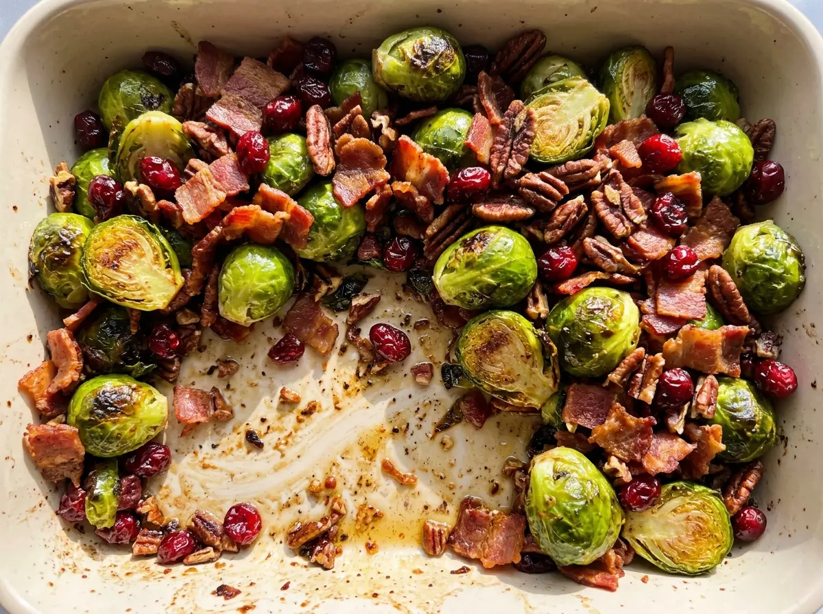 Brussels Sprouts with Bacon Pecans and Cranberries, roasted and savory
