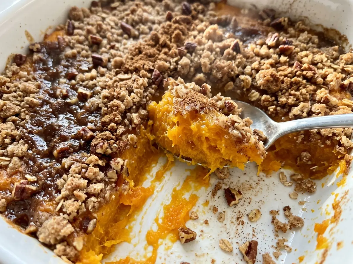 Butternut squash casserole with golden pecan topping