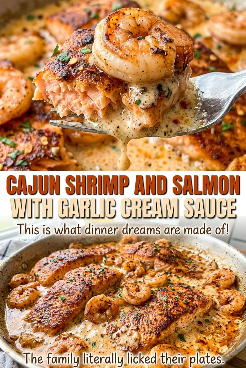 Cajun shrimp and salmon with garlic cream sauce, golden and creamy