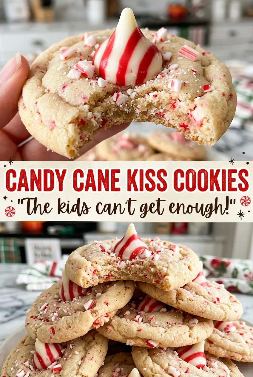 Candy Cane Kiss Cookies with buttery, sugar-dusted edges