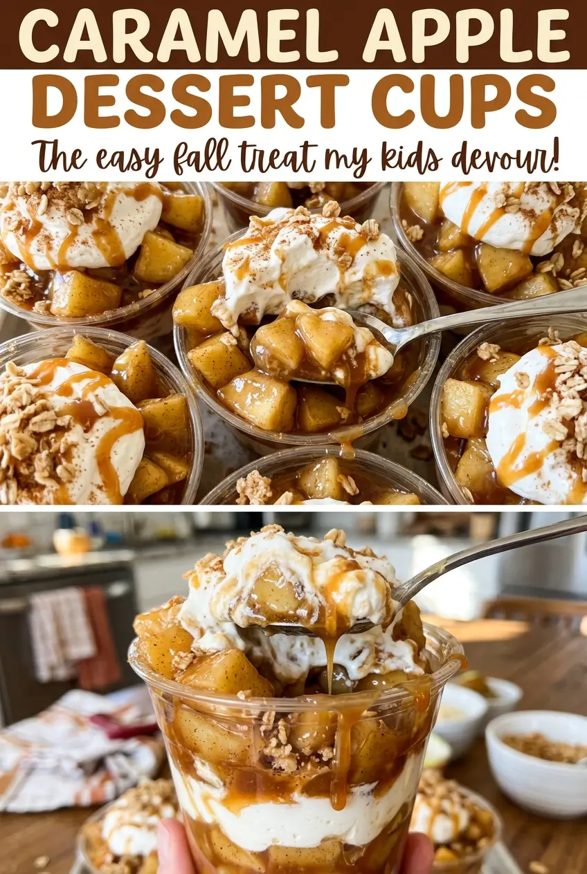 Caramel Apple Dessert Cups with warm cinnamon crumble
