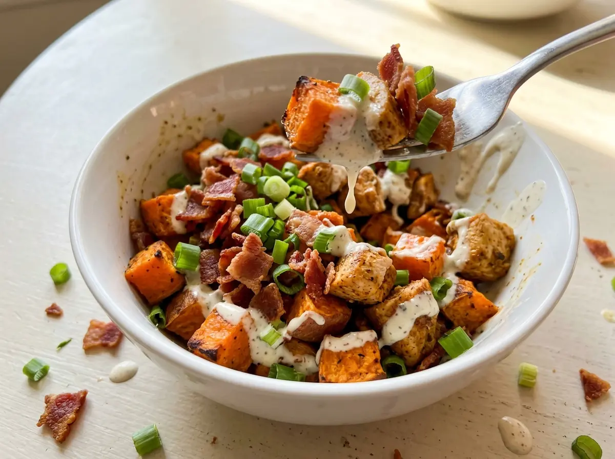 Chicken Bacon Ranch Sweet Potato Bowl with crisp toppings