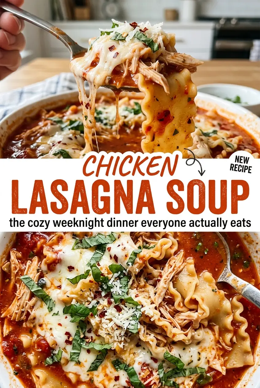 Chicken lasagna soup with tender chicken and creamy ricotta