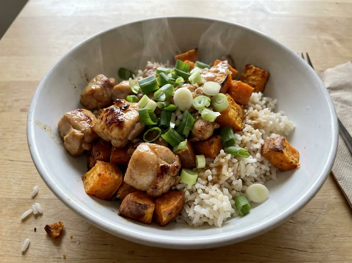 Chicken Sweet Potato Rice Bowl with golden roasted toppings