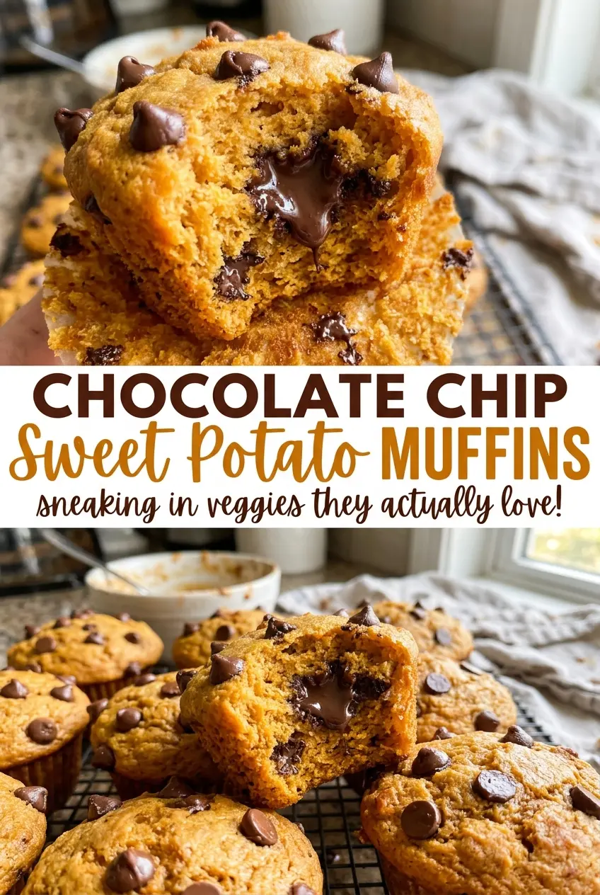 Chocolate Chip Sweet Potato Muffins with soft golden centers