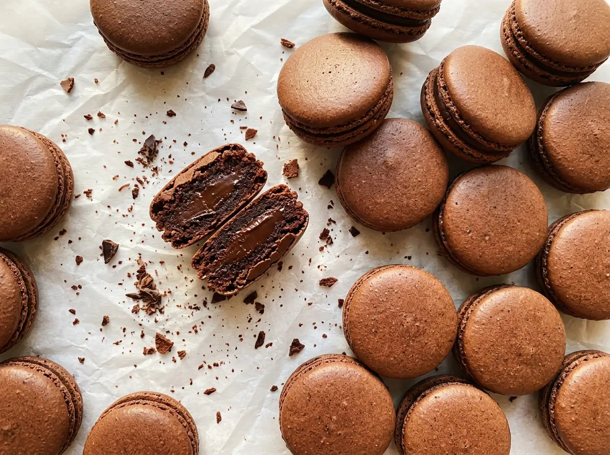 Chocolate macarons with glossy cocoa shells