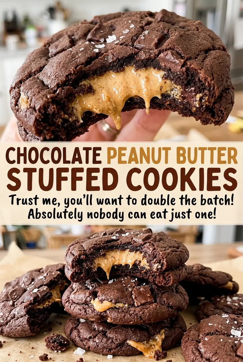 Chocolate peanut butter stuffed cookies with cocoa shells