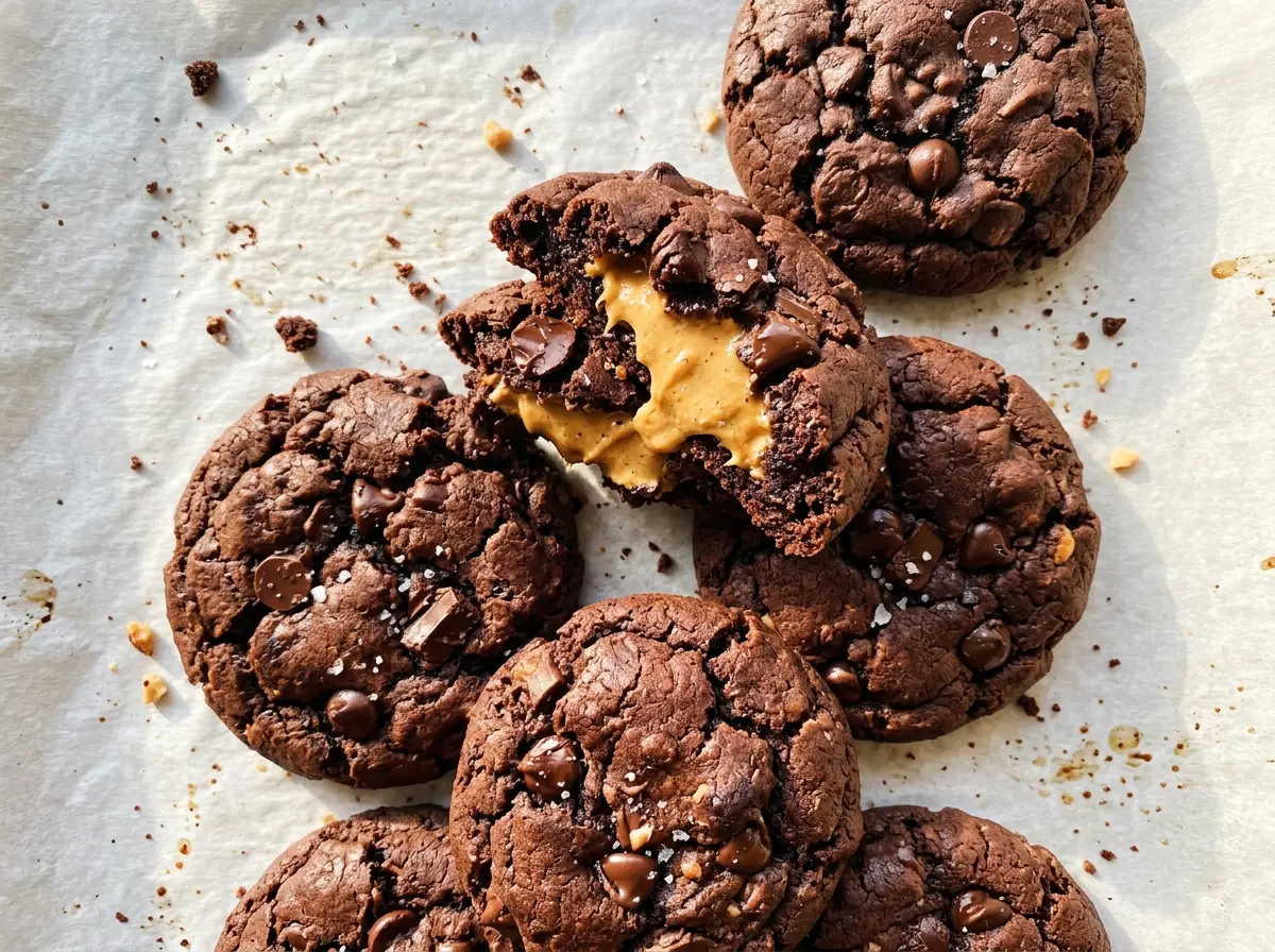 Chocolate peanut butter stuffed cookies with soft centers