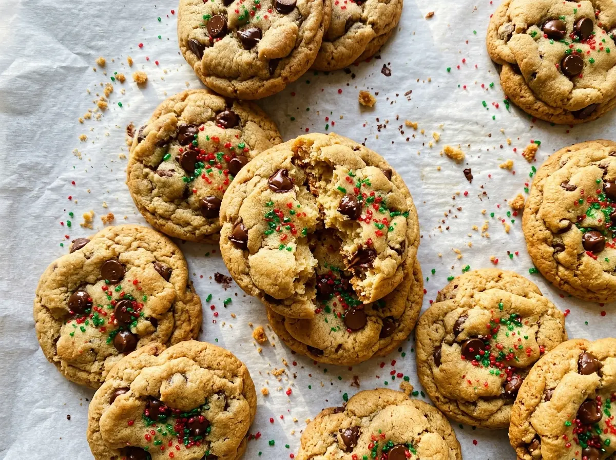 Christmas Chocolate Chip Cookies, festive candy-studded tops
