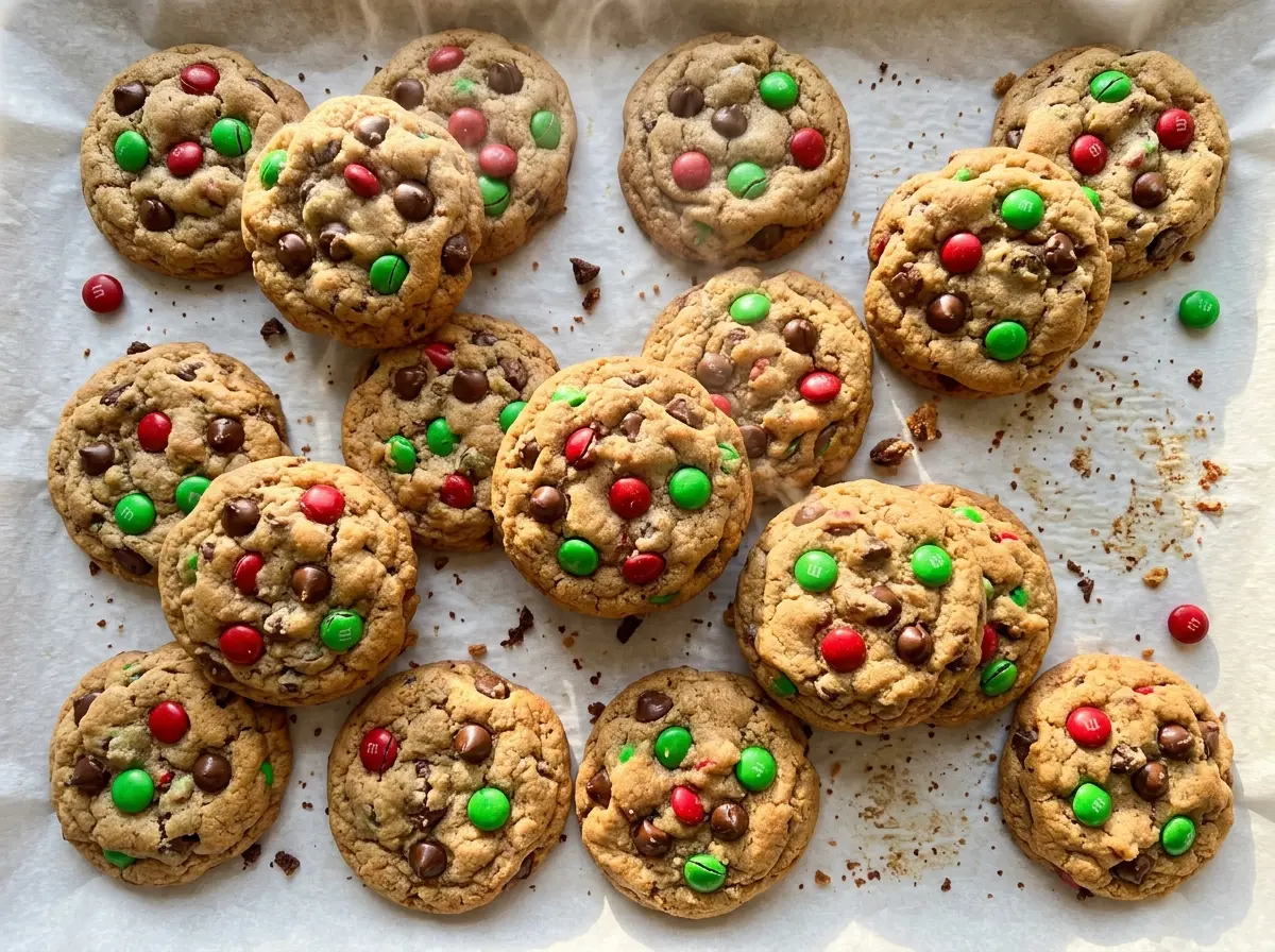 Christmas chocolate chip cookies with colorful candy centers