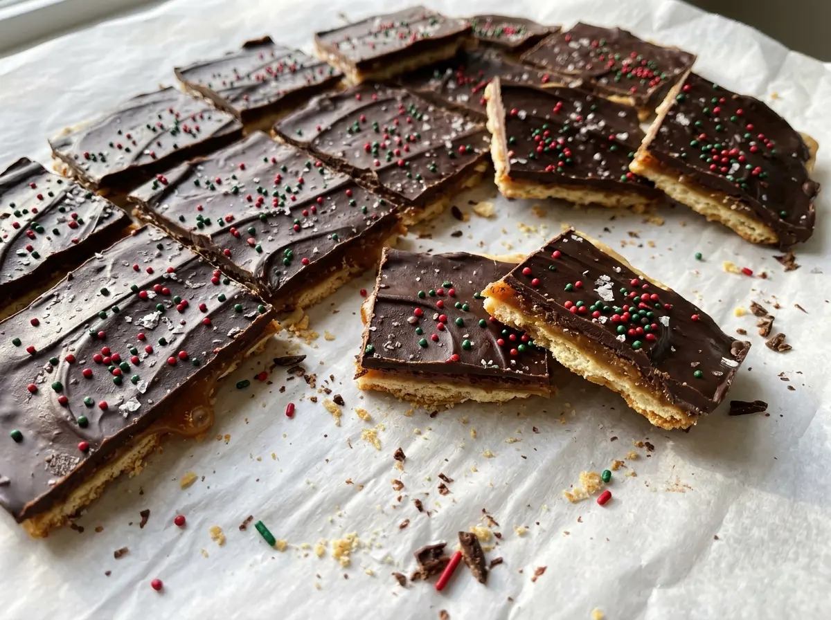 Christmas Crack Cracker Toffee Cookies glossy chocolate crisp layers