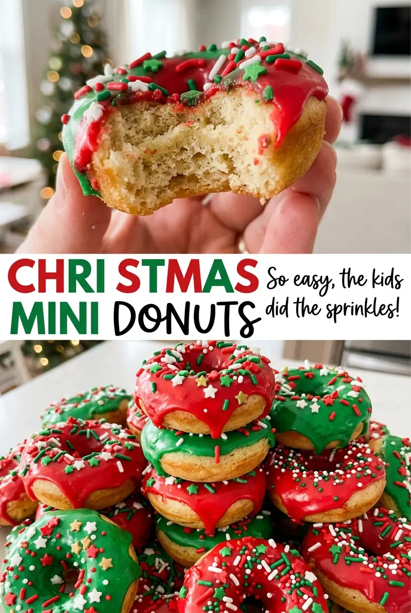 Christmas mini donuts with vanilla glaze and festive sprinkles