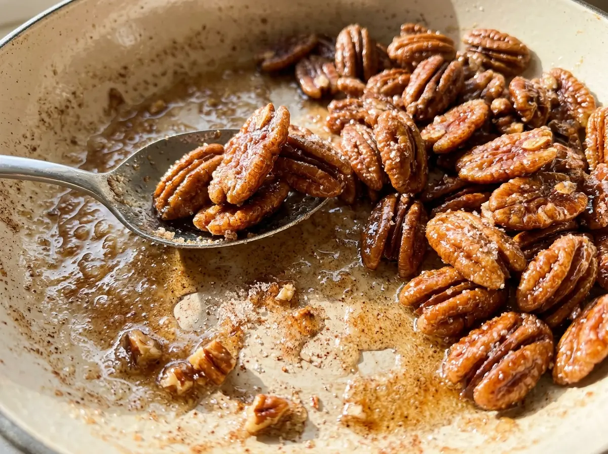 Cinnamon Sugar Candied Pecans golden, crisp