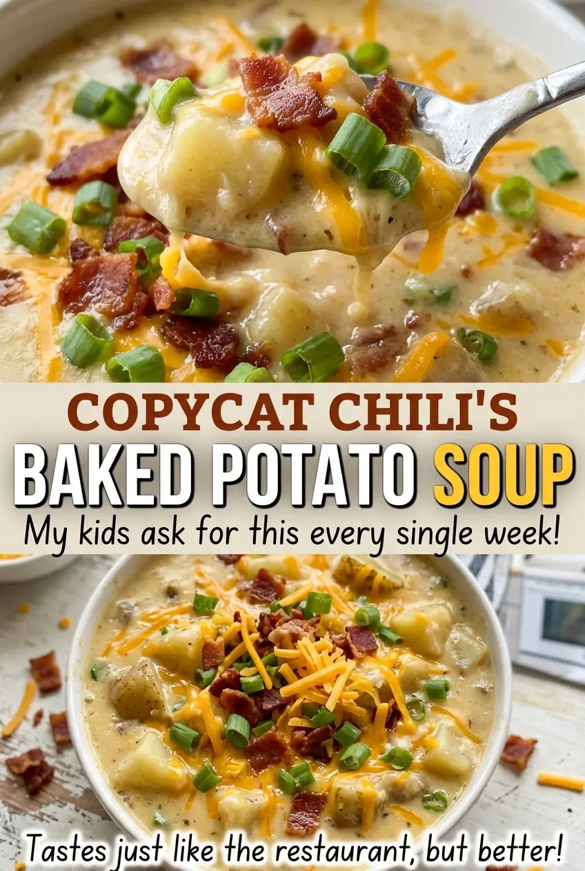 Copycat Chili's Baked Potato Soup with cheddar and bacon