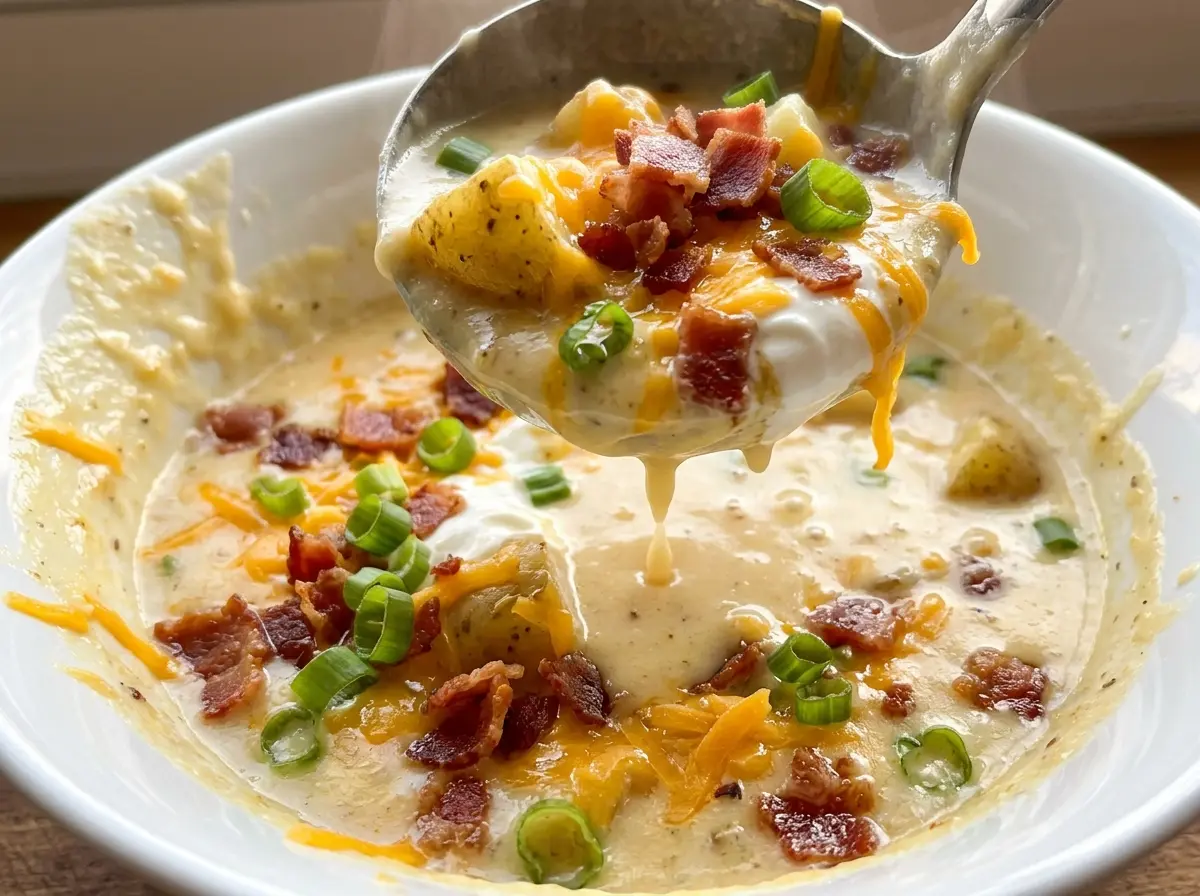 Copycat Chili's Baked Potato Soup with cheddar and bacon
