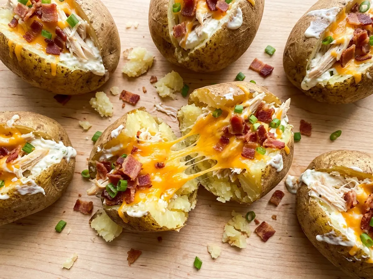 Crack Chicken Stuffed Baked Potatoes with creamy bacon filling