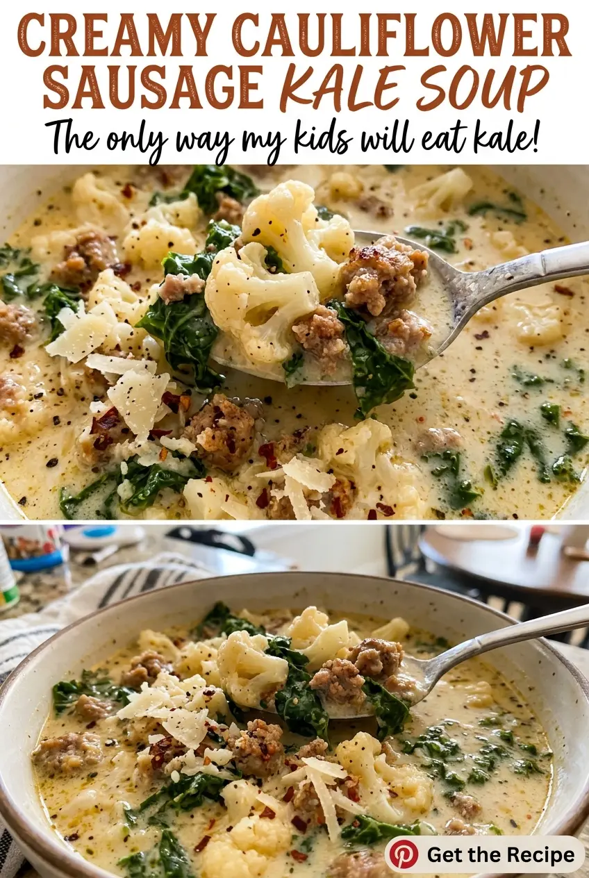 Creamy Cauliflower Sausage Kale Soup with tender kale