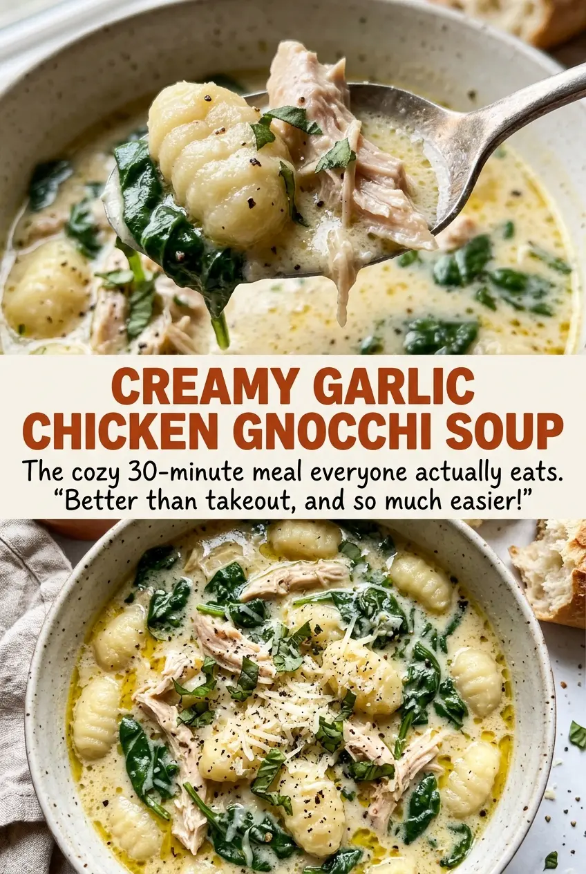Creamy garlic chicken gnocchi soup with tender, savory gnocchi