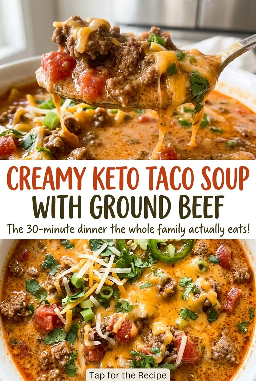 Creamy keto taco soup with ground beef, creamy and hearty