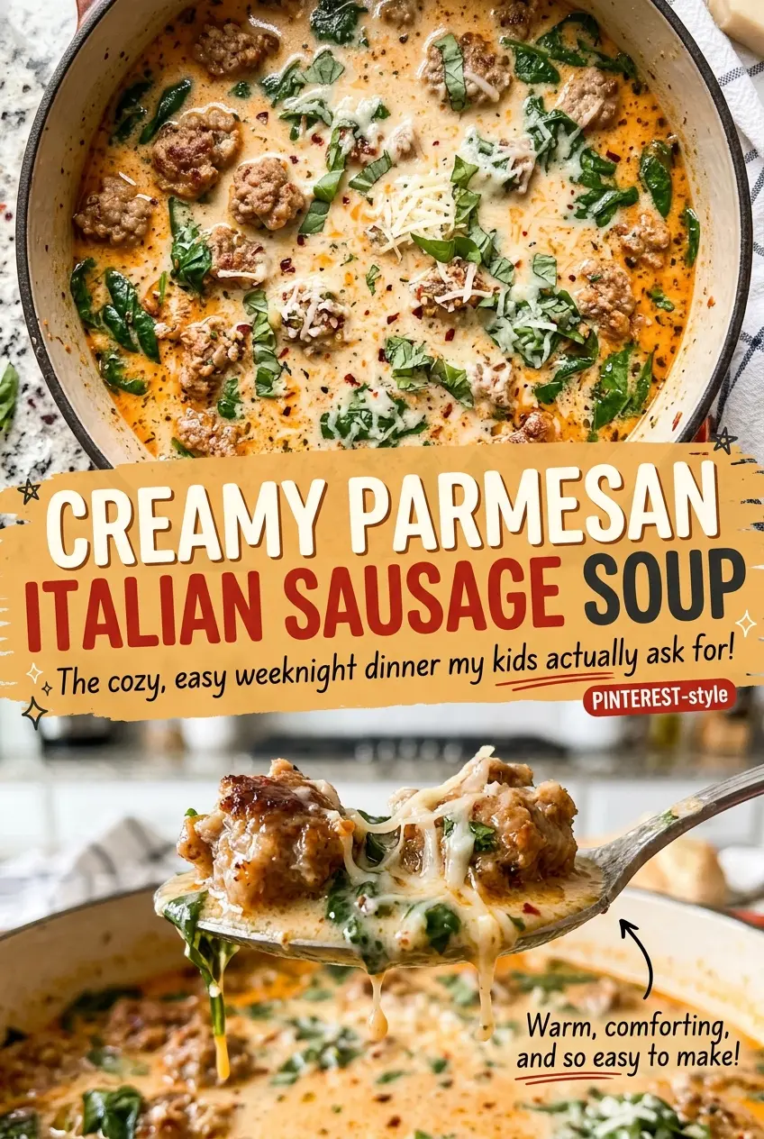 Creamy Parmesan Italian Sausage Soup with spinach and potatoes