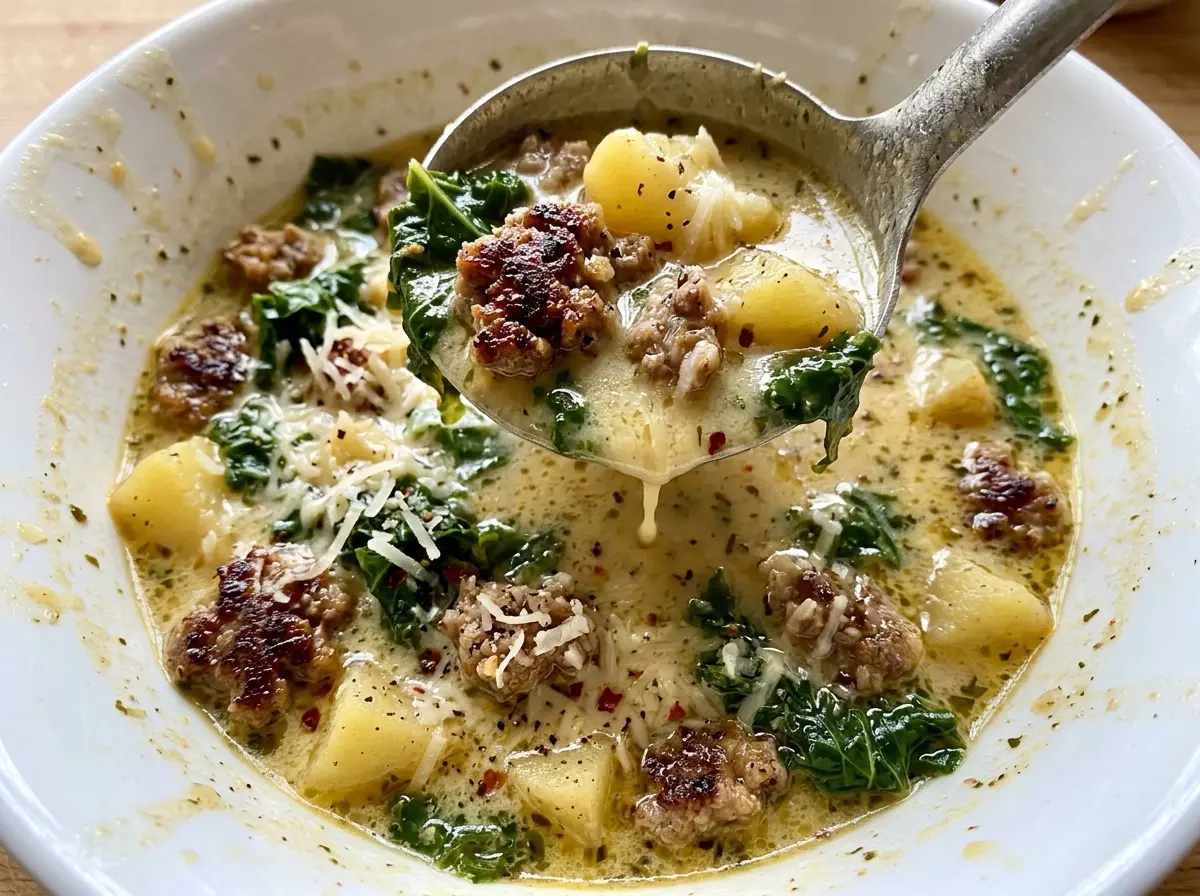 Creamy Parmesan Italian Sausage Soup with tender potatoes and spinach