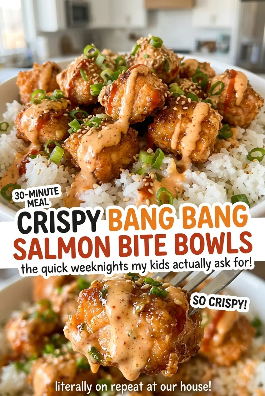Crispy Bang Bang Salmon Bite Bowls with crisp salmon, creamy sauce