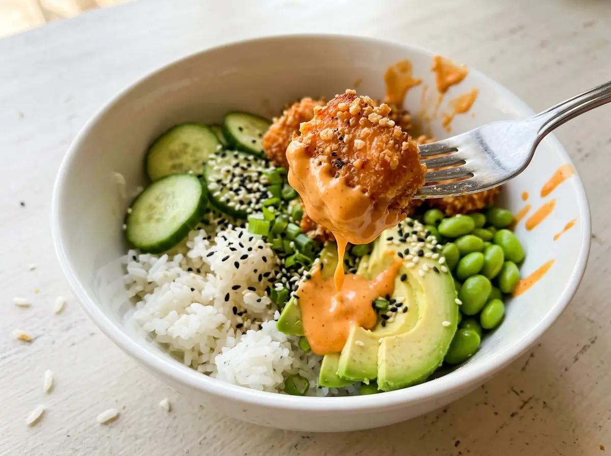 Crispy Bang Bang Salmon Bite Bowls with golden salmon, fresh cucumber