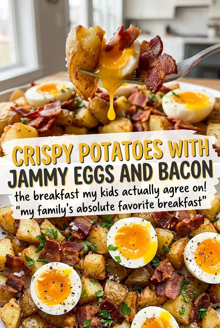 Crispy Potatoes with Jammy Eggs and Bacon, crisp savory plate