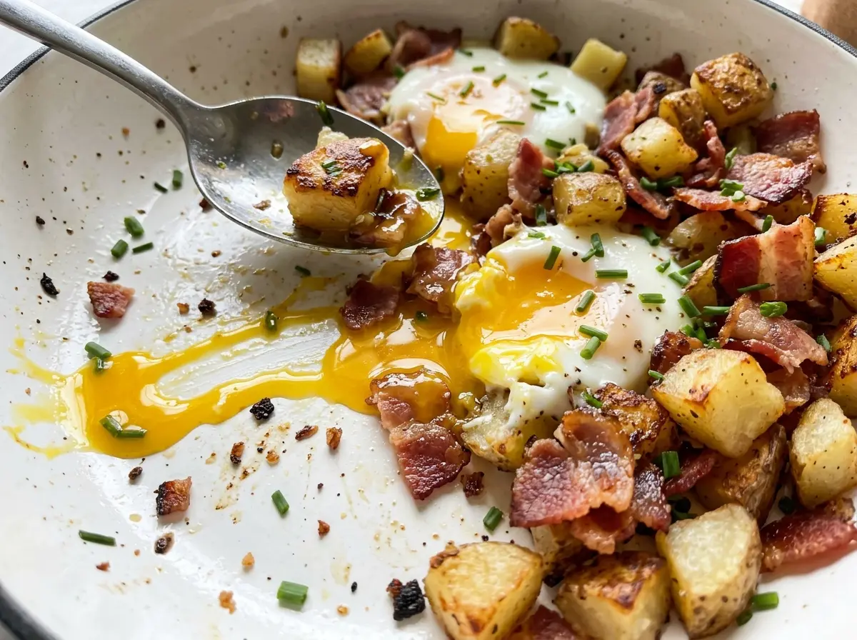 Crispy Potatoes with Jammy Eggs and Bacon, golden crisp edges