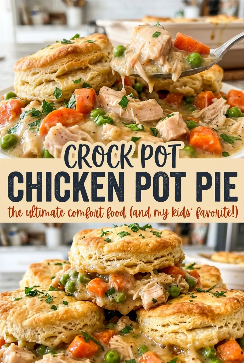 Crock Pot Chicken Pot Pie with tender chicken and flaky biscuits