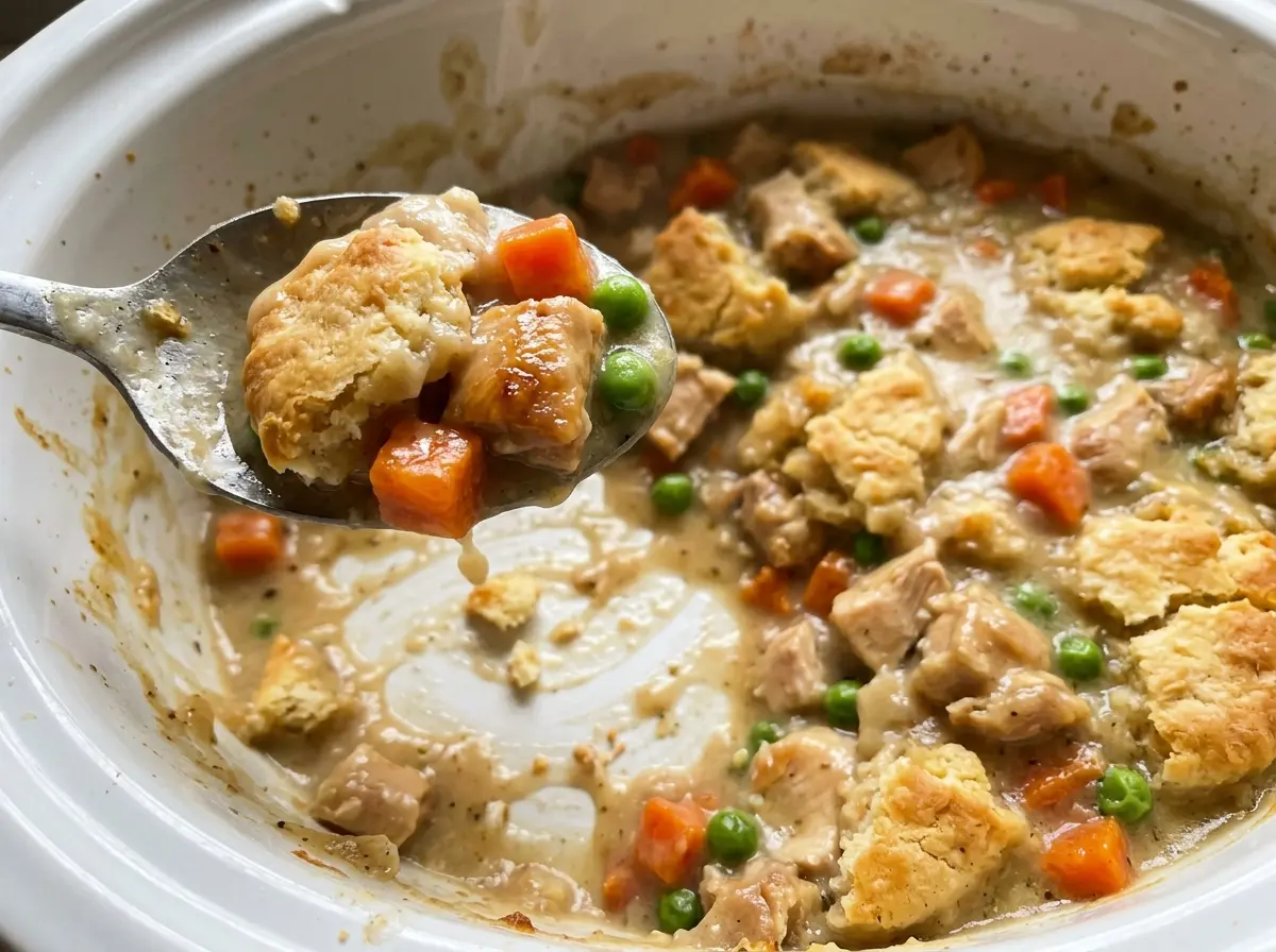 Crock Pot Chicken Pot Pie with creamy filling and golden biscuits