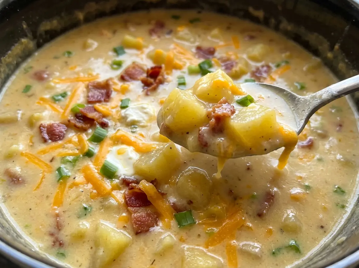 Crock Pot Crack Potato Soup creamy, cheesy, bacon-topped