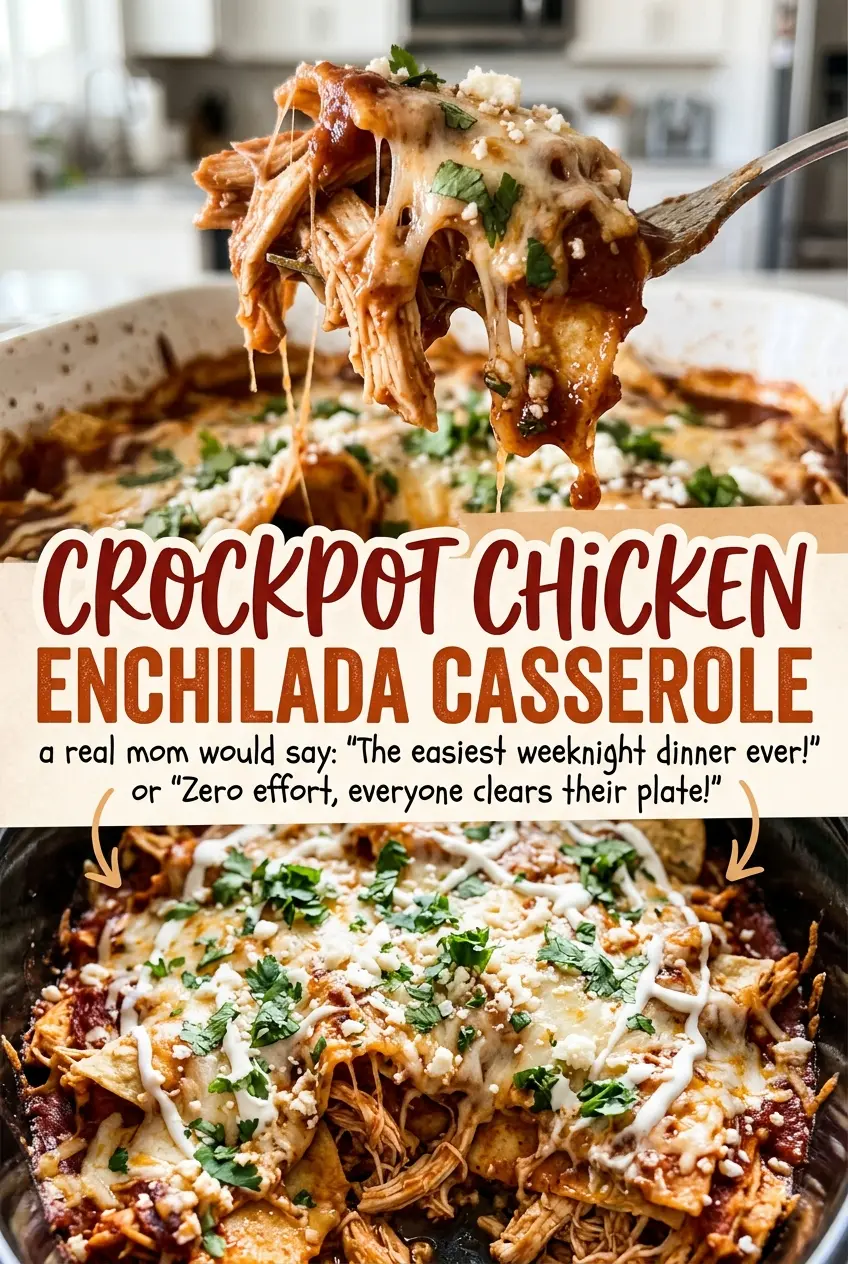 Crockpot Chicken Enchilada Casserole, saucy and cheesy