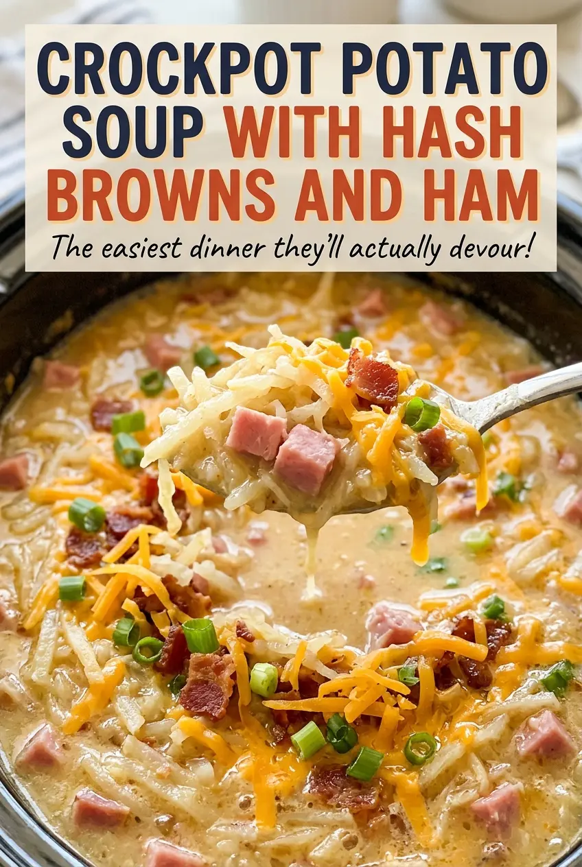Crockpot potato soup with hashbrowns and ham, hearty and creamy