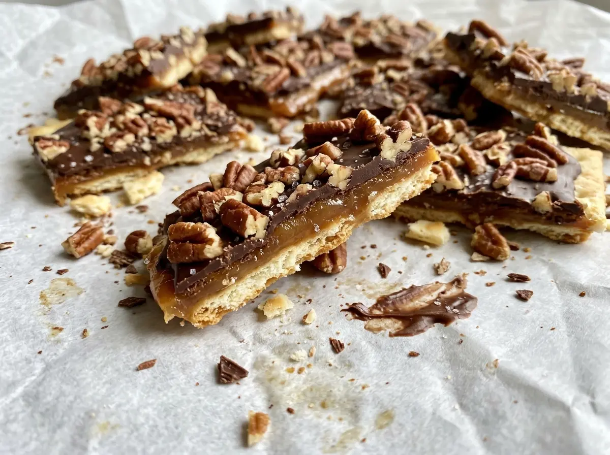 Easy Pecan Cracker Toffee chocolate pecan pieces