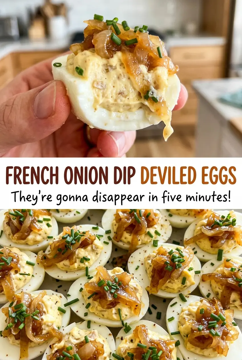 French Onion Dip Deviled Eggs topped with fresh chives