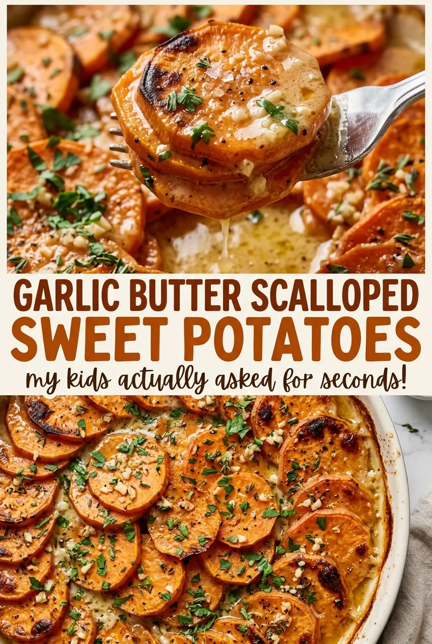 Garlic Butter Scalloped Sweet Potatoes tender golden casserole
