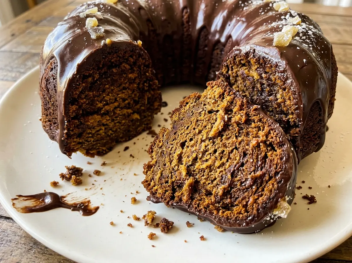 Gingerbread Chocolate Bundt Wreath Cake with sugared cranberries